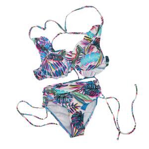 California Waves Neon Tropical Palm Leaf Coconut Girl Ruffel Bikini XS